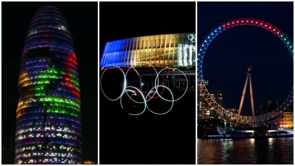 Edificios famosos alrededor del mundo fueron iluminados con los colores de los Aros Olímpicos con motivo del Día Olímpico.